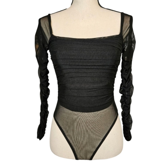 Princess Polly Mesh Ruched Long Sleeve Stretch Body Suit, Black, US Size 2 - Picture 1 of 16